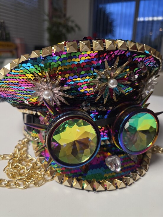 Burning Man Inspired Sequin Festival Hat with Steampunk Goggles – Handmade State main image 5